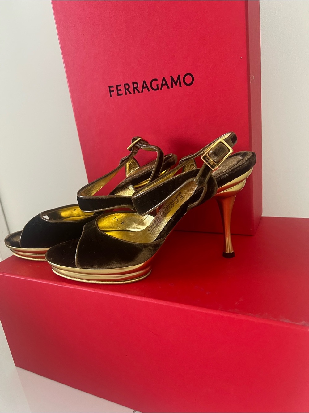 Salvatore Ferragamo Black and Gold Velvet Open-Toe Heels‎